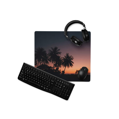 Premium Sunset Palm gaming mouse pad with tropical sunset, palm silhouettes, non-slip backing