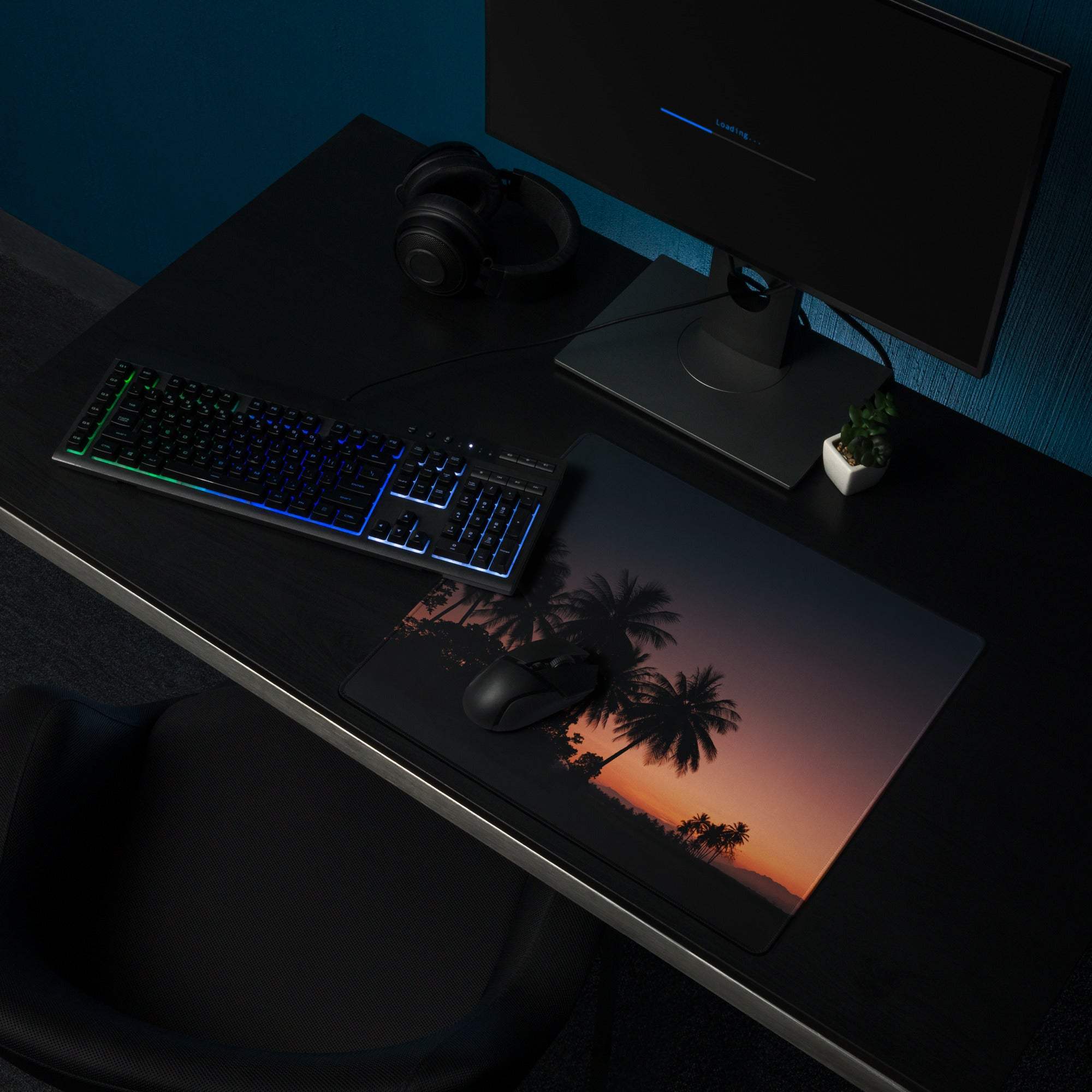 Premium Sunset Palm large gaming mouse pad with tropical sunset scene
