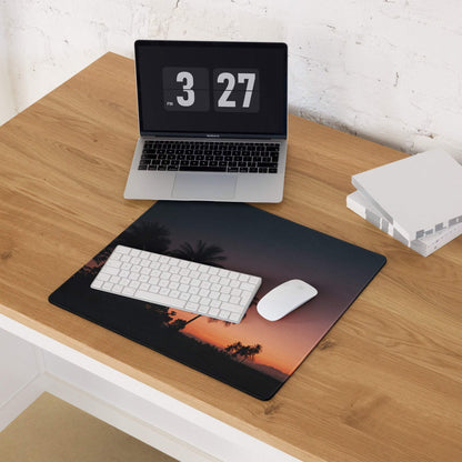 Premium sunset palm gaming mouse pad with non-slip backing and edge stitching