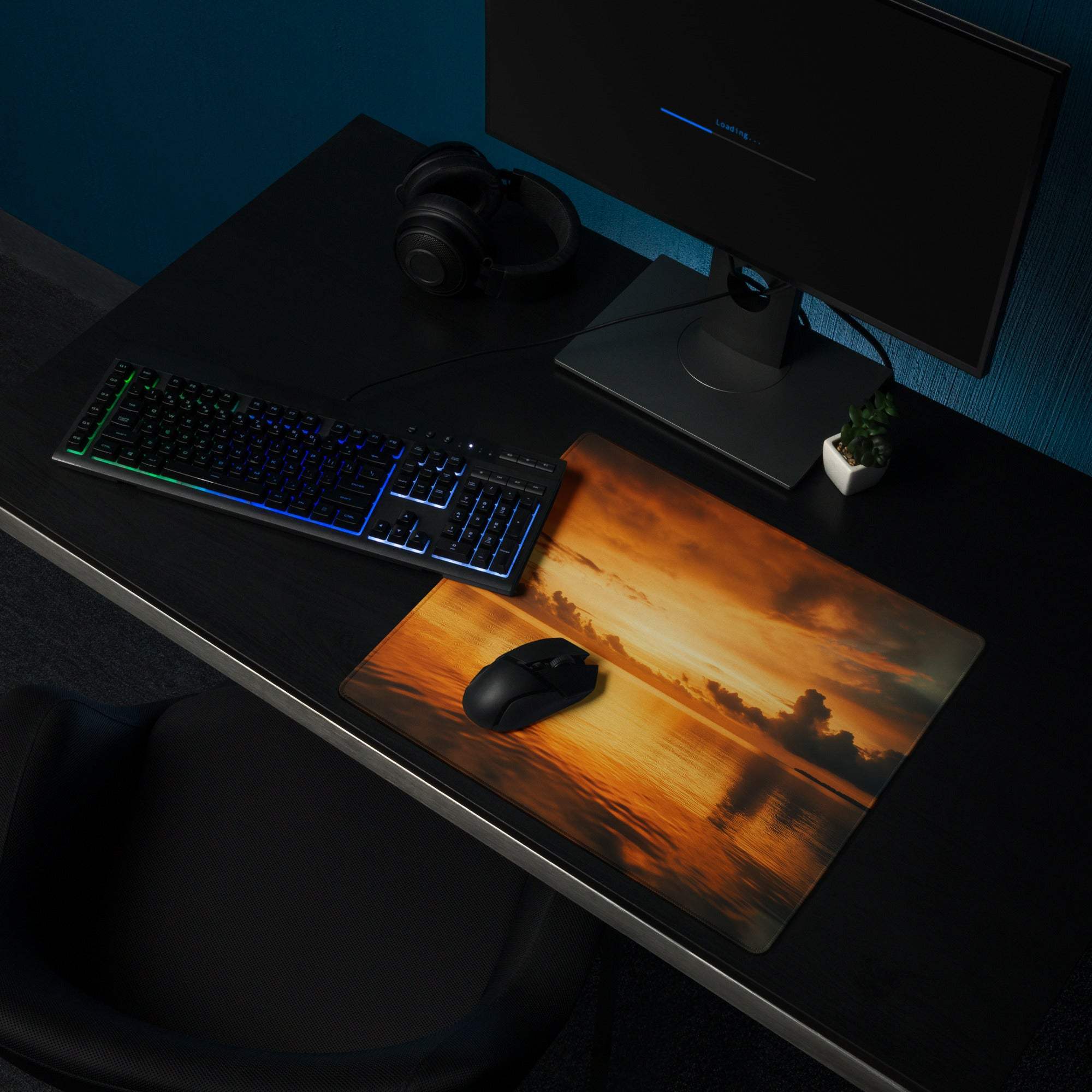 Sunset Glow large gaming mouse pad with vibrant orange sunset over water