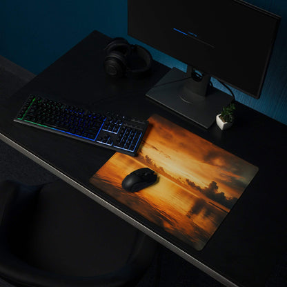 Sunset Glow large gaming mouse pad with vibrant orange sunset over water