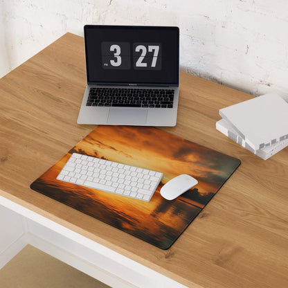 Sunset Glow large gaming mouse pad with orange sunset, tree silhouettes