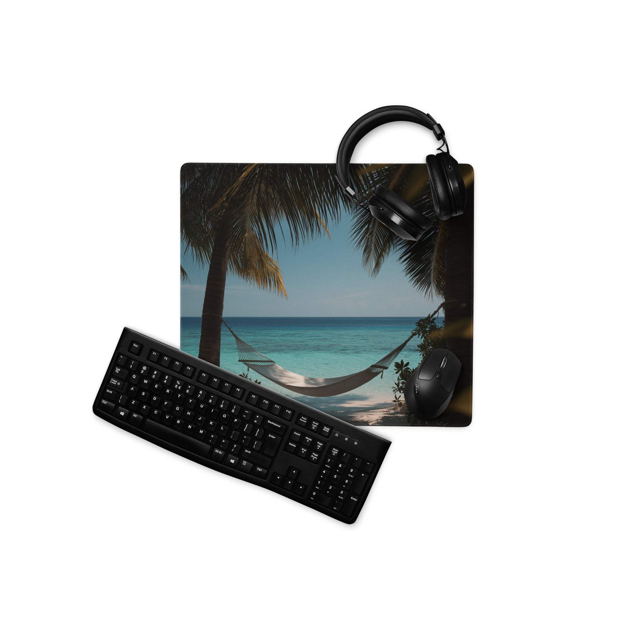 Black keyboard on tropical beach paradise ocean blue gaming mouse pad