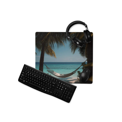Black keyboard on tropical beach paradise ocean blue gaming mouse pad