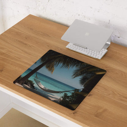 Tropical beach paradise ocean blue gaming mouse pad with palm trees hammock