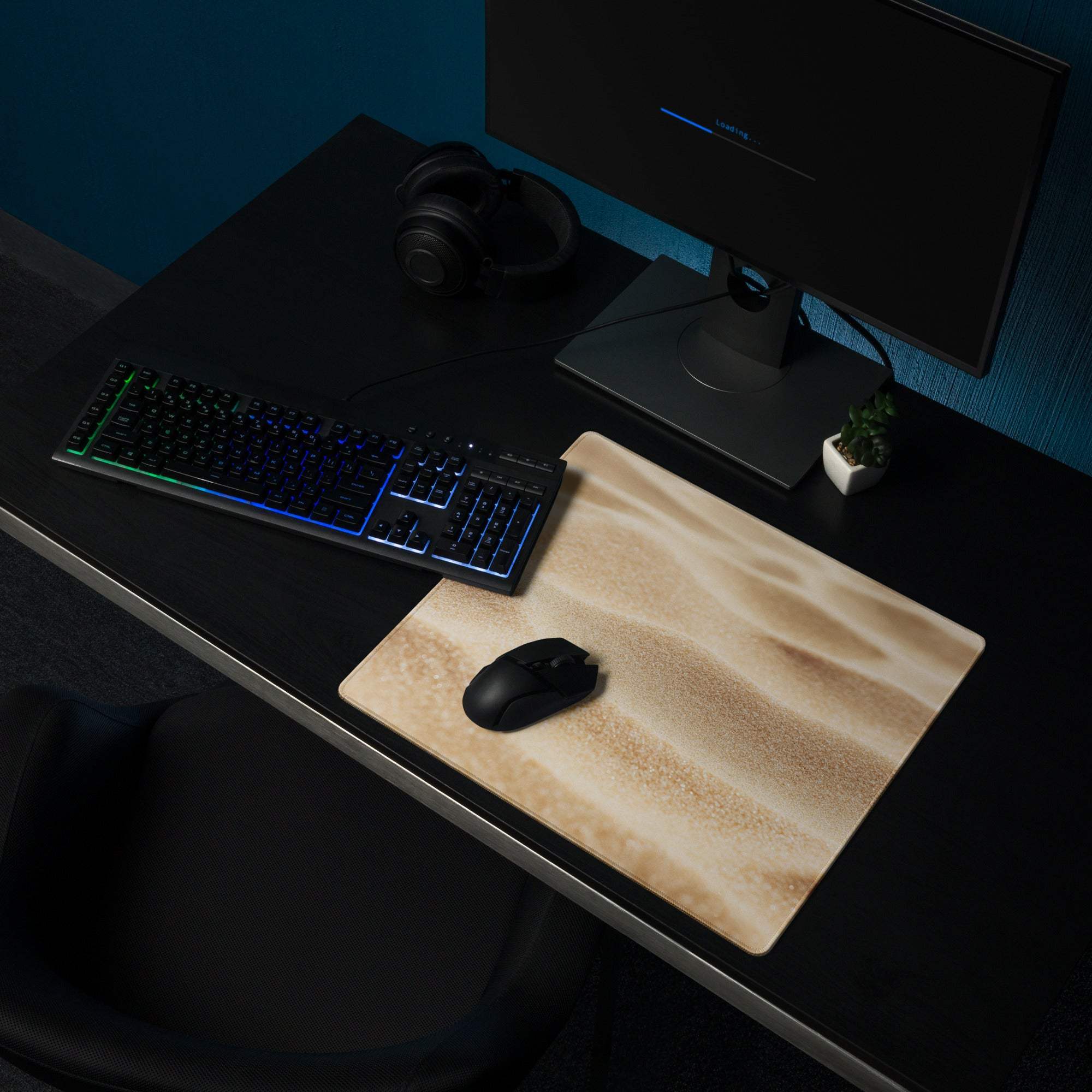 Premium warm desert gold gaming mouse pad with light brown wood grain, large size