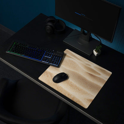 Premium warm desert gold gaming mouse pad with light brown wood grain, large size