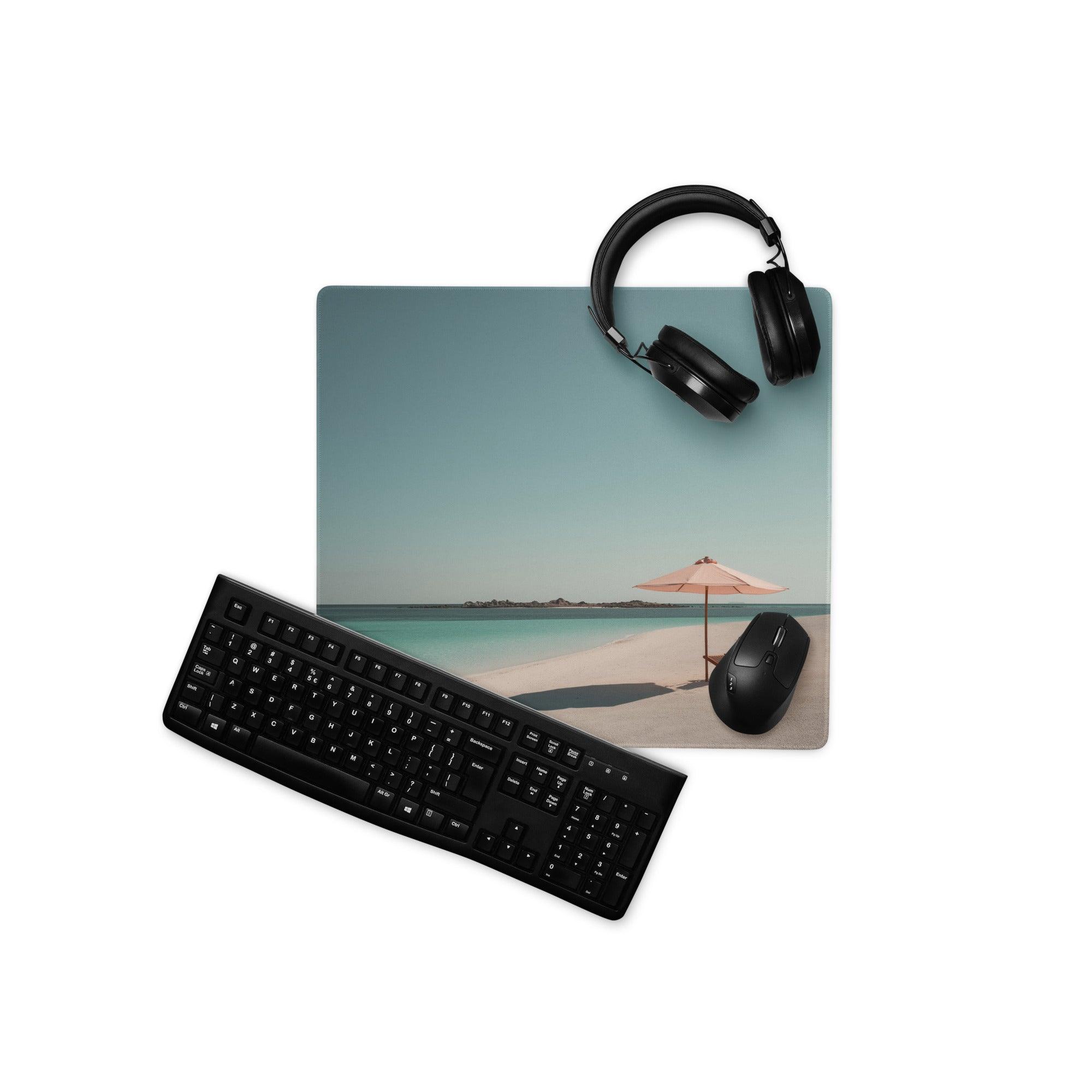 Premium beach scene mousepad with headphones on beige sand, turquoise water, umbrella
