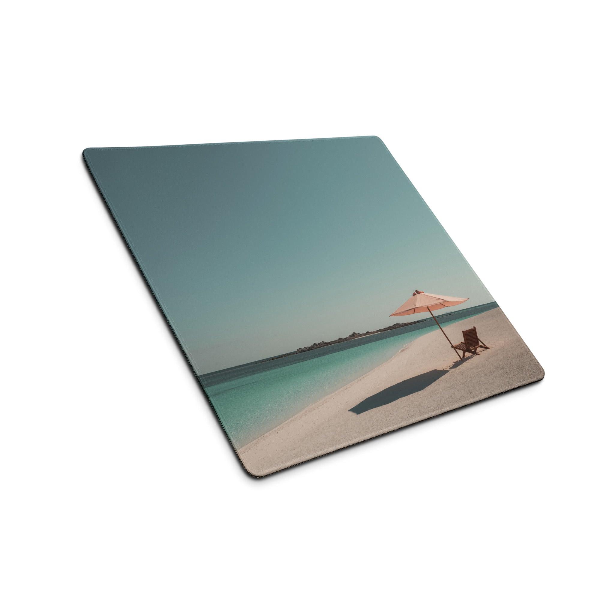 Premium beige beach scene gaming mousepad with lounge chair, umbrella, ocean tones