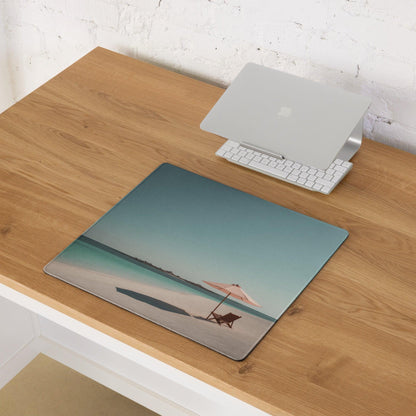 Premium beige teal beach scene gaming mousepad with pink umbrella