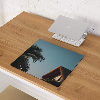 Large tropical palm sunset gaming mouse pad with non-slip base in teal, black, brown