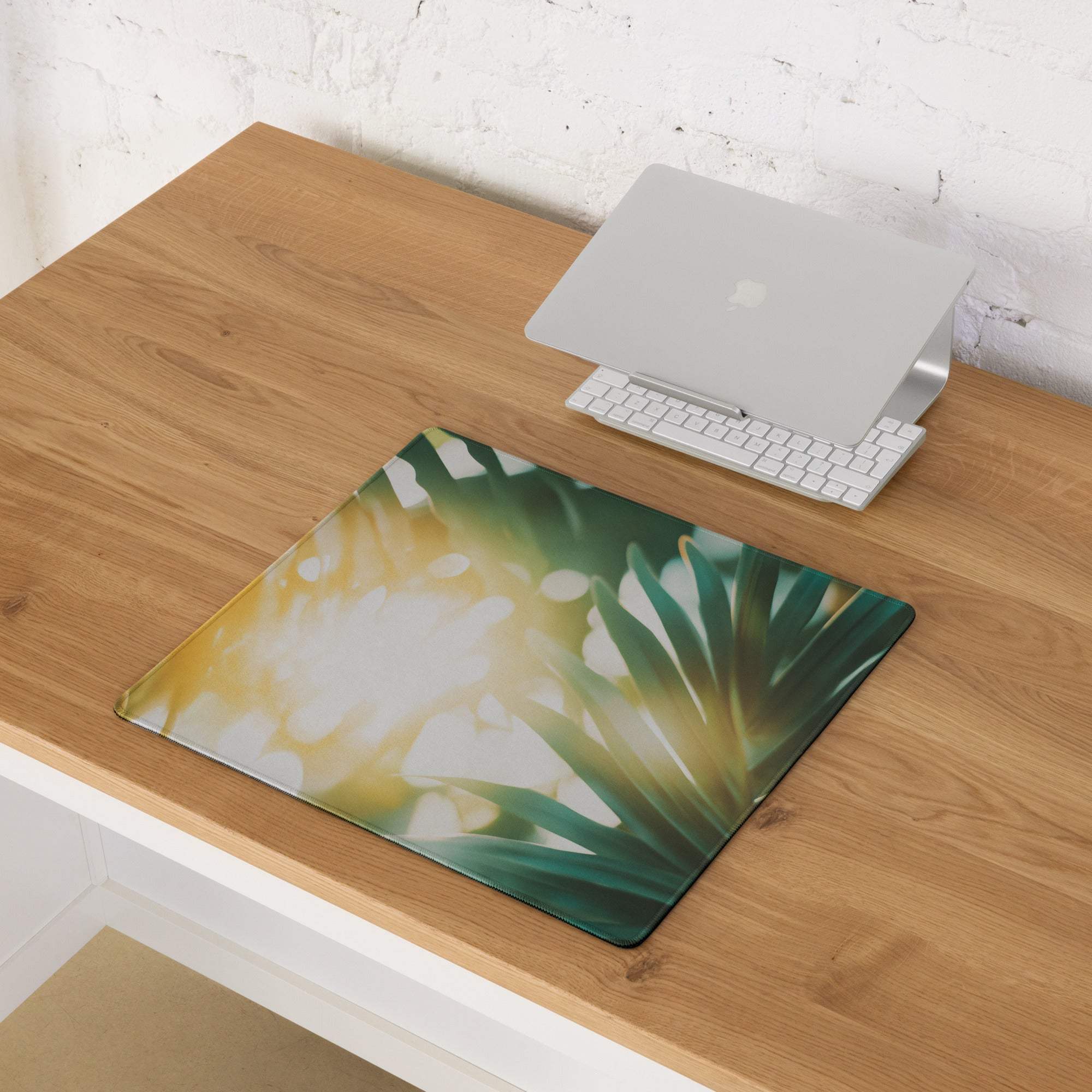 Green and yellow tropical leaf patterned large gaming mouse pad with non-slip base