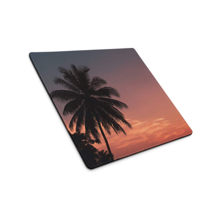 Square sunset palm tree mouse pad with non-slip base, vibrant orange-purple sky