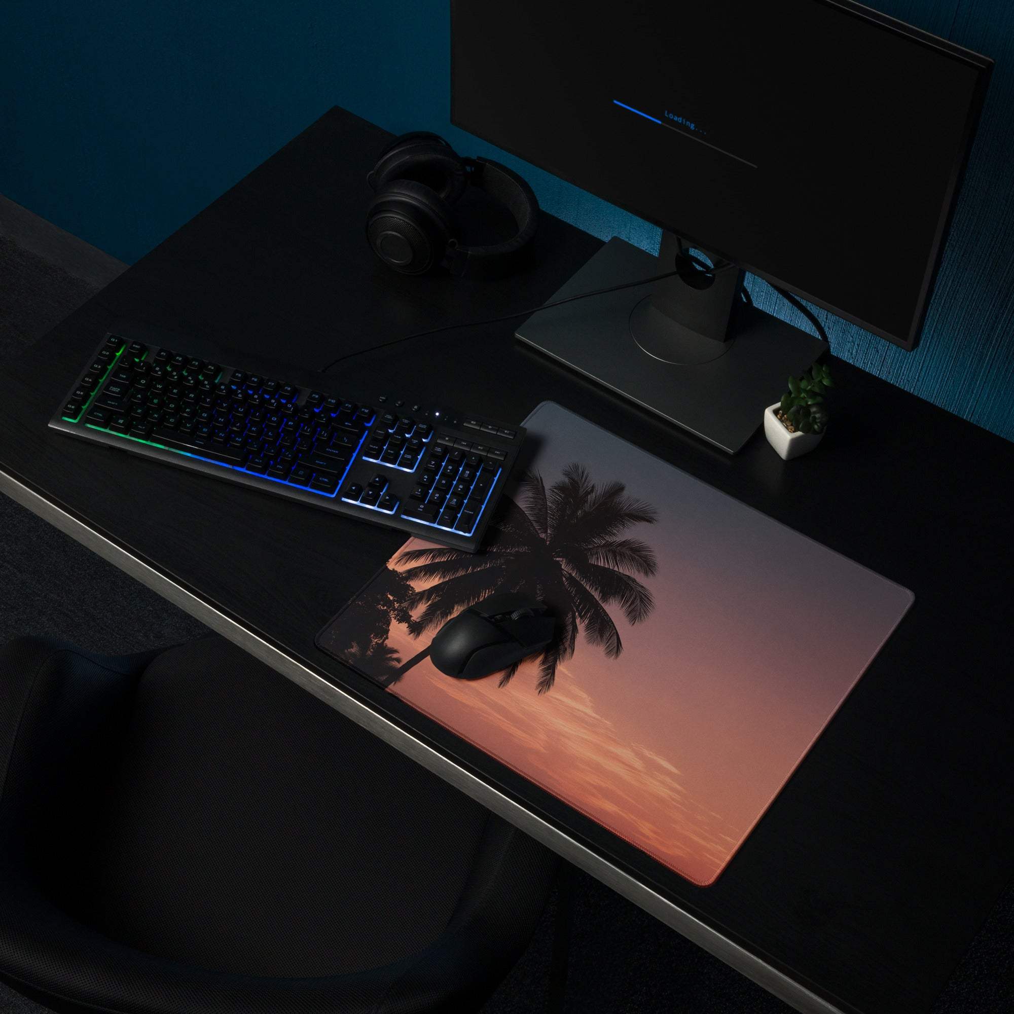 Relaxed Sunset Palm Tree large non-slip gaming mouse pad with tropical design