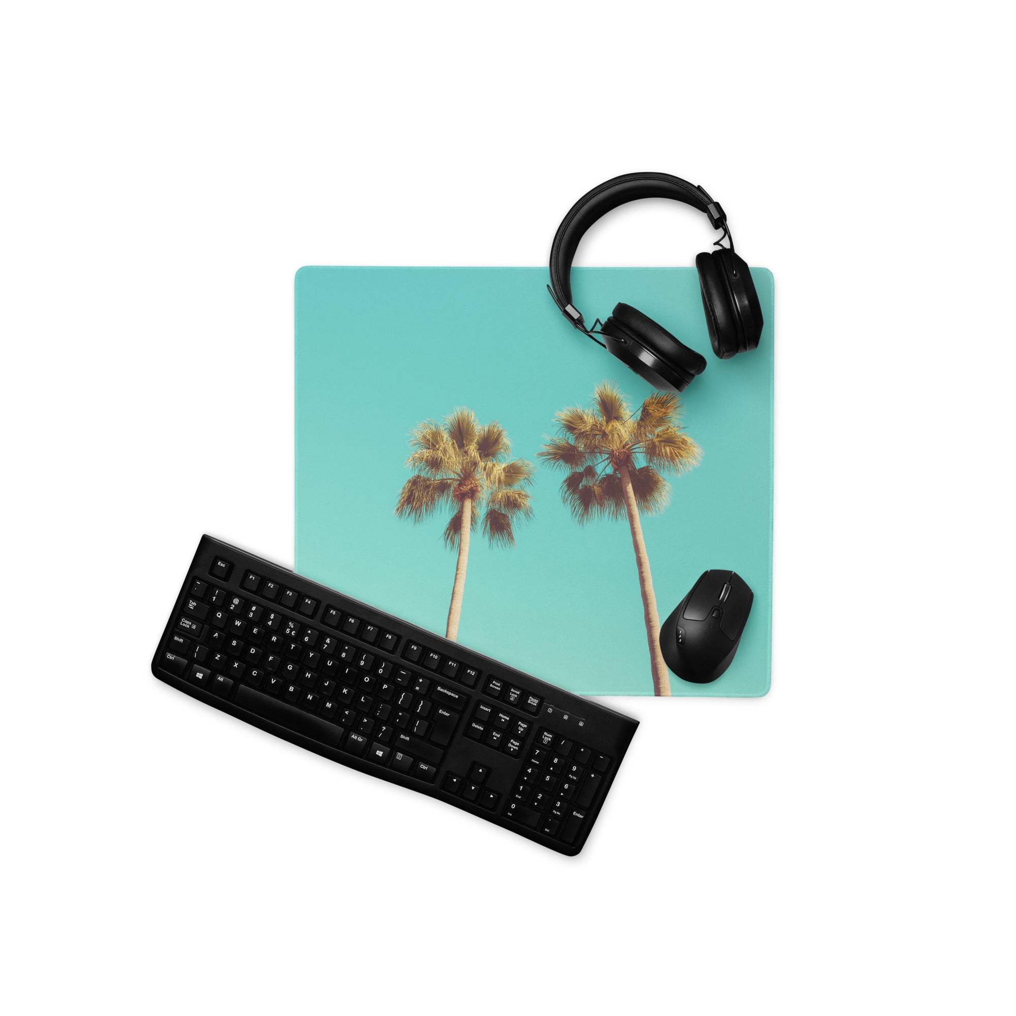 Turquoise palm tree gaming mouse pad with non-slip backing large size