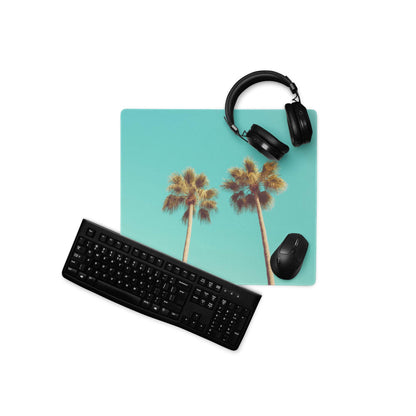 Turquoise palm tree gaming mouse pad with non-slip backing large size