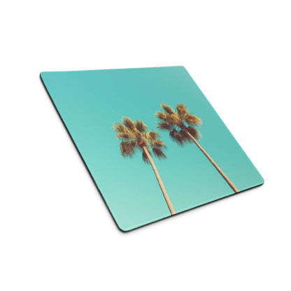 Square turquoise coaster with vintage palm trees photo, aqua mint gaming mouse pad
