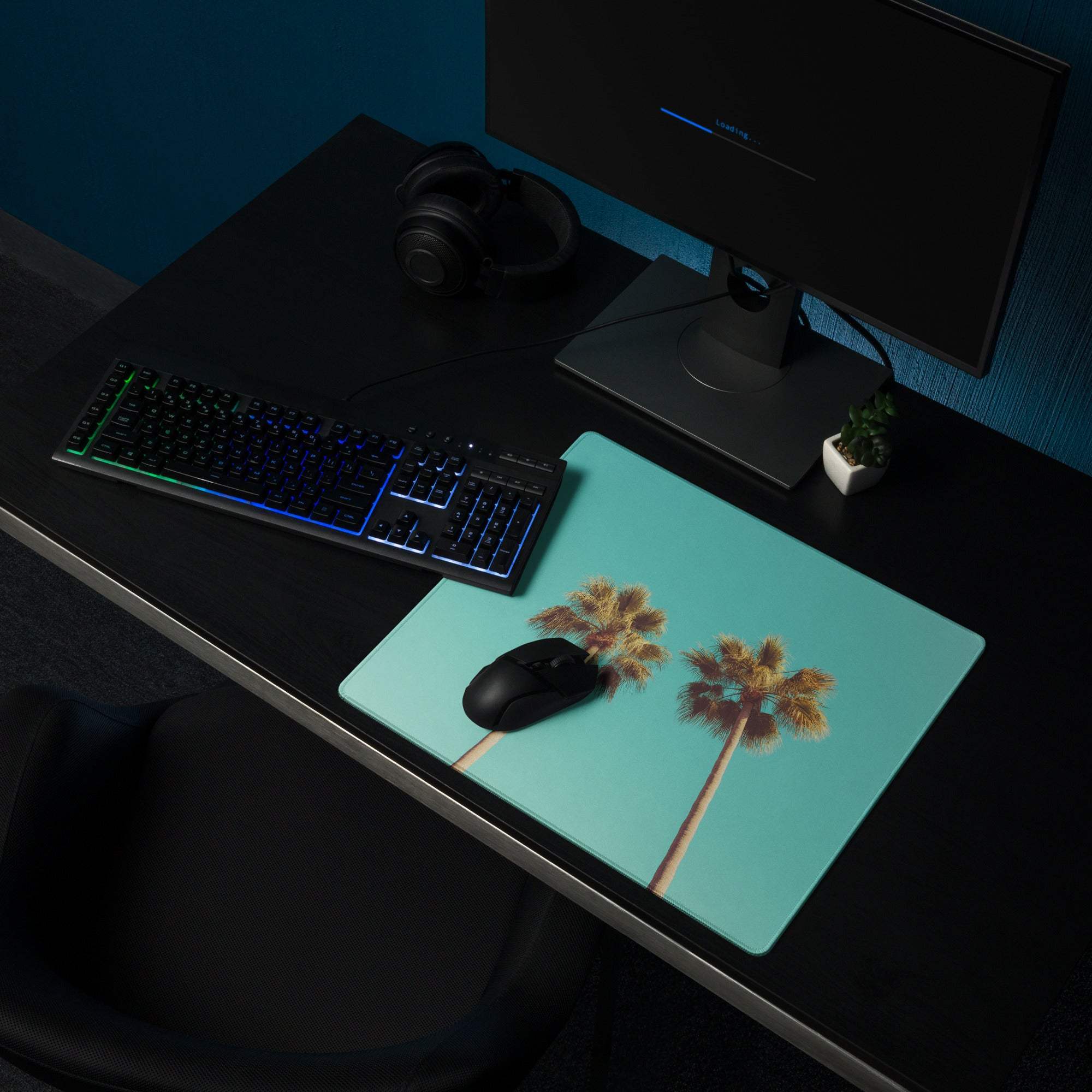 Large turquoise tropical palm trees gaming mouse pad with non-slip backing