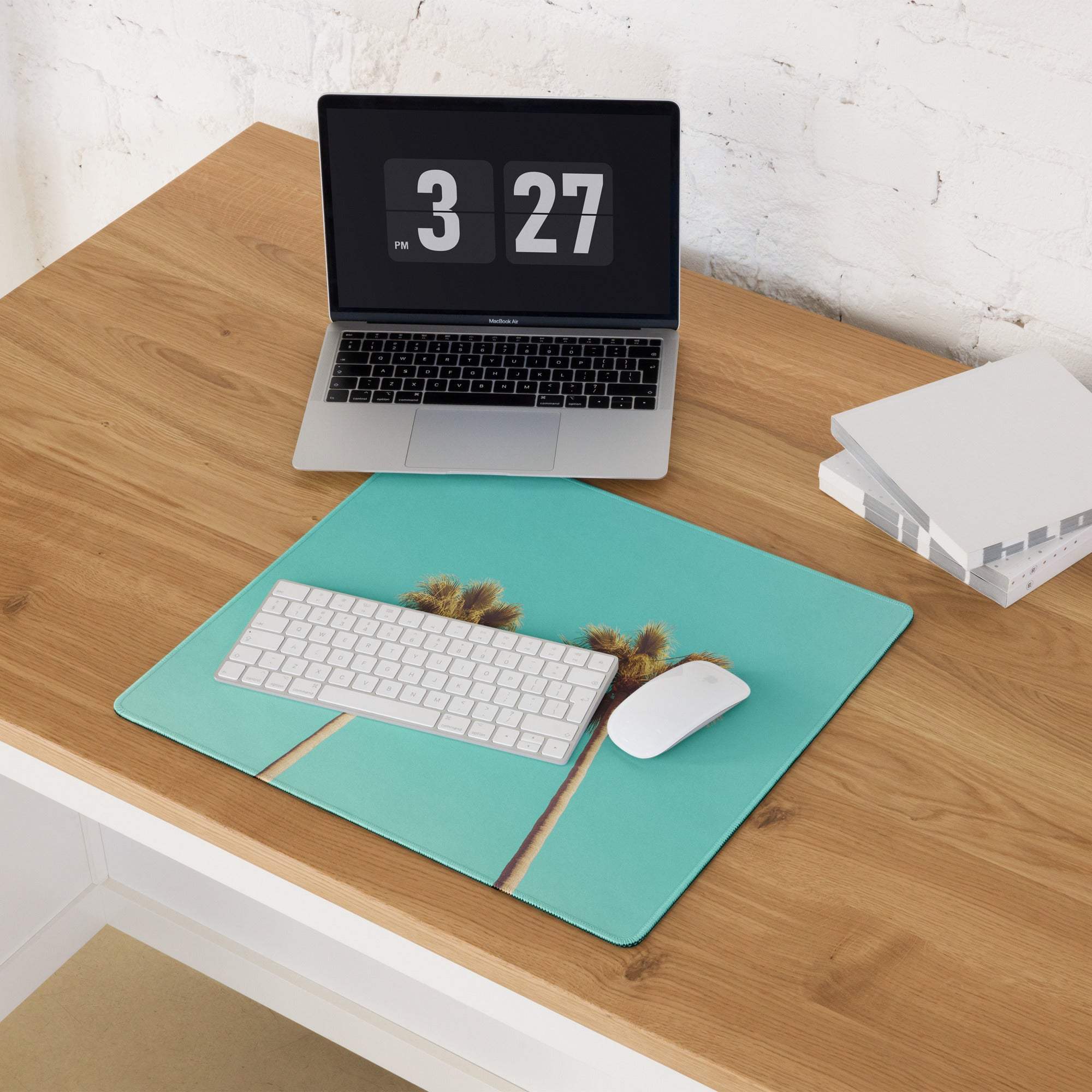 Teal palm tree gaming mouse pad with aqua mint sky theme and non-slip backing