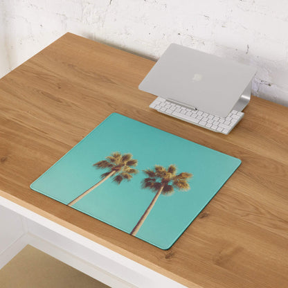 Teal palm tree gaming mouse pad with aqua mint sky theme and non-slip backing