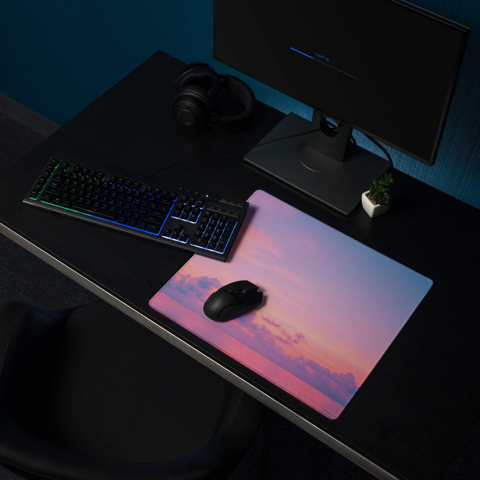 Dreamy sunset gradient gaming mouse pad with vibrant pink orange purple sky