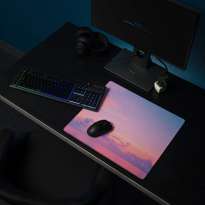 Dreamy sunset gradient gaming mouse pad with vibrant pink orange purple sky