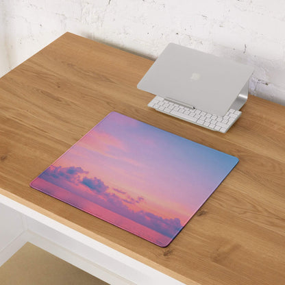 Dreamy sunset gradient gaming mouse pad with vibrant pink purple blue sky clouds