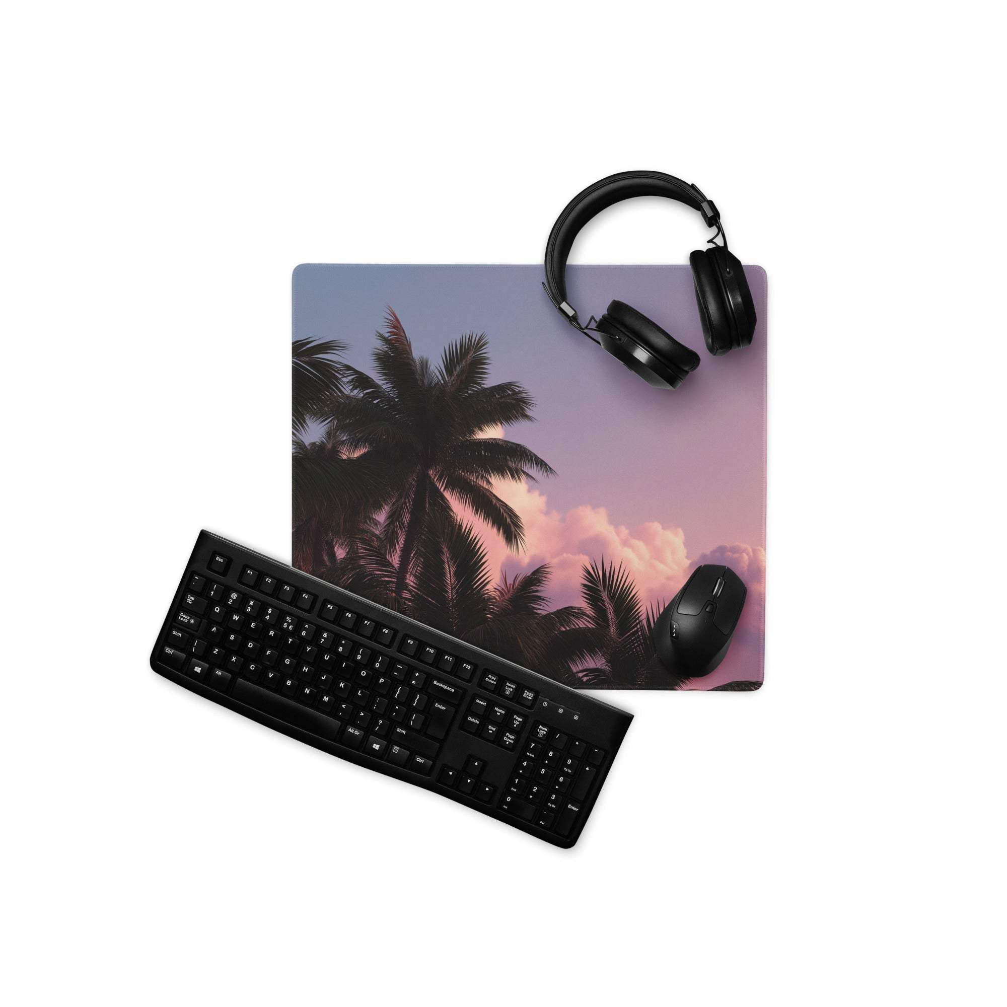 Premium tropical sunset palm gaming mouse pad with silhouetted trees
