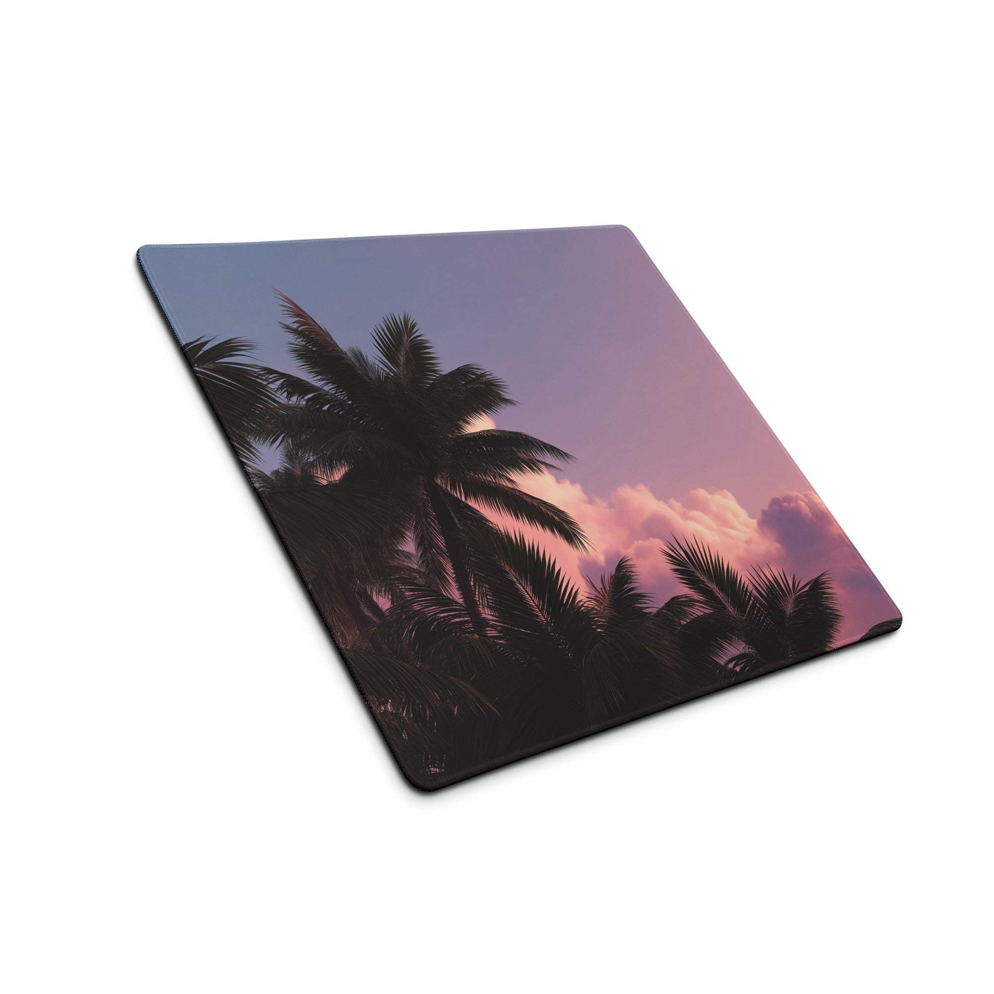 Square premium tropical sunset palm gaming mouse pad with silhouetted trees