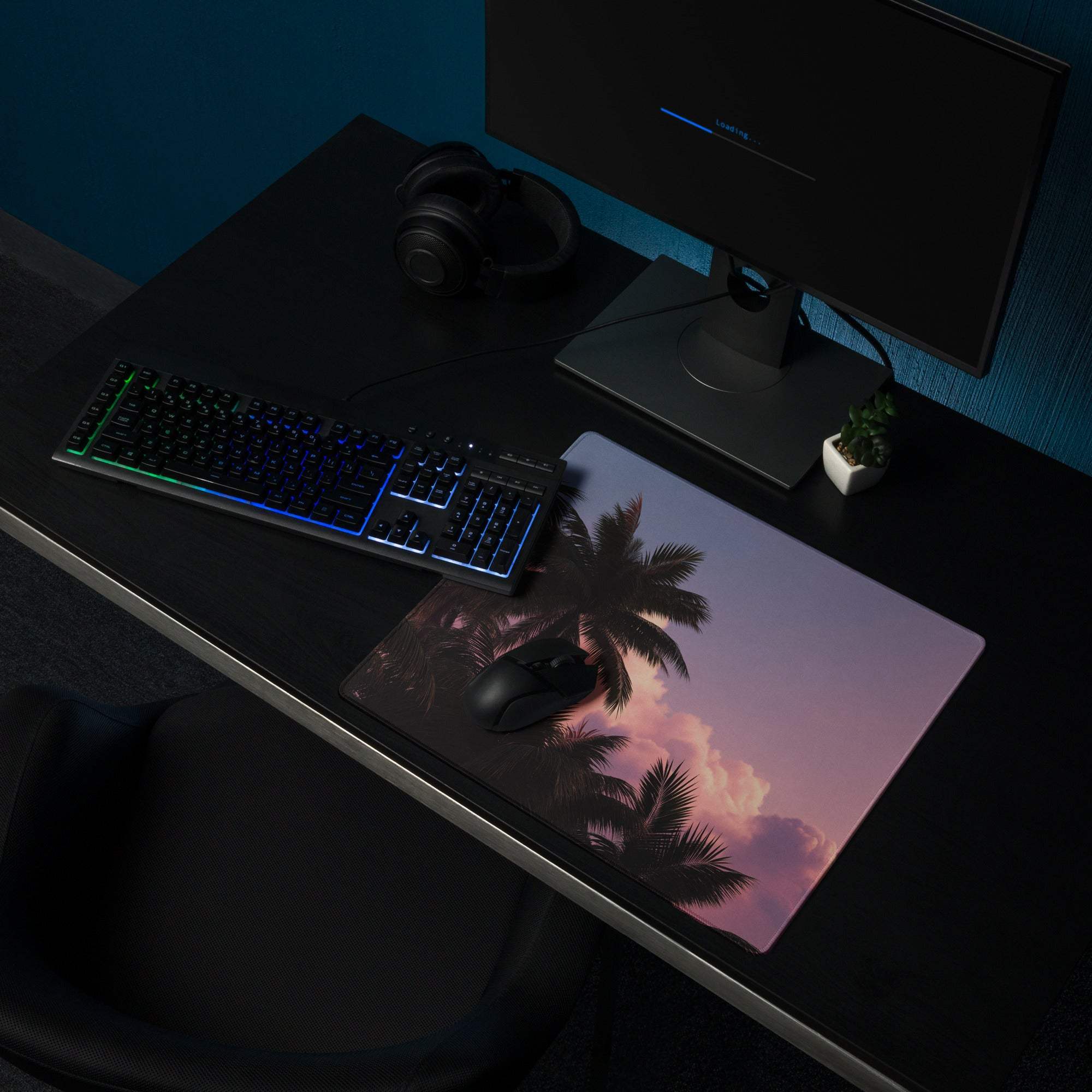 Premium Tropical Sunset Palm Gaming Mouse Pad with silhouetted palms