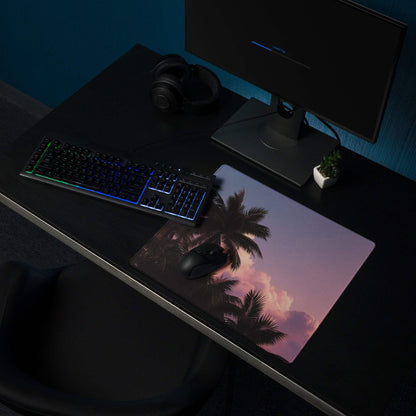 Premium Tropical Sunset Palm Gaming Mouse Pad with silhouetted palms