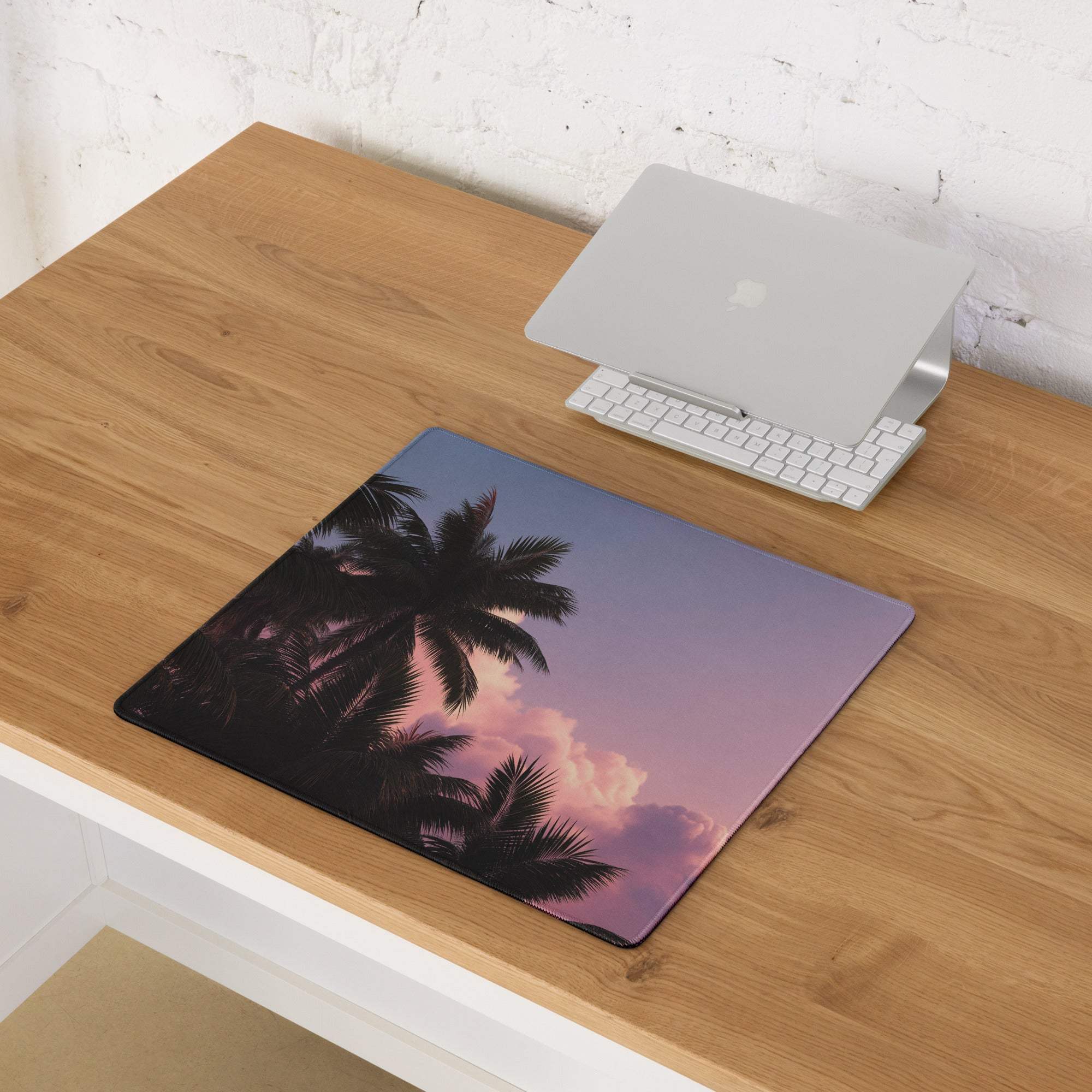 Premium Tropical Sunset Palm Gaming Mouse Pad with vibrant silhouetted palms