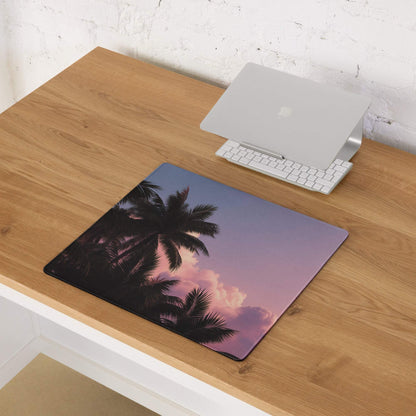 Premium Tropical Sunset Palm Gaming Mouse Pad with vibrant silhouetted palms