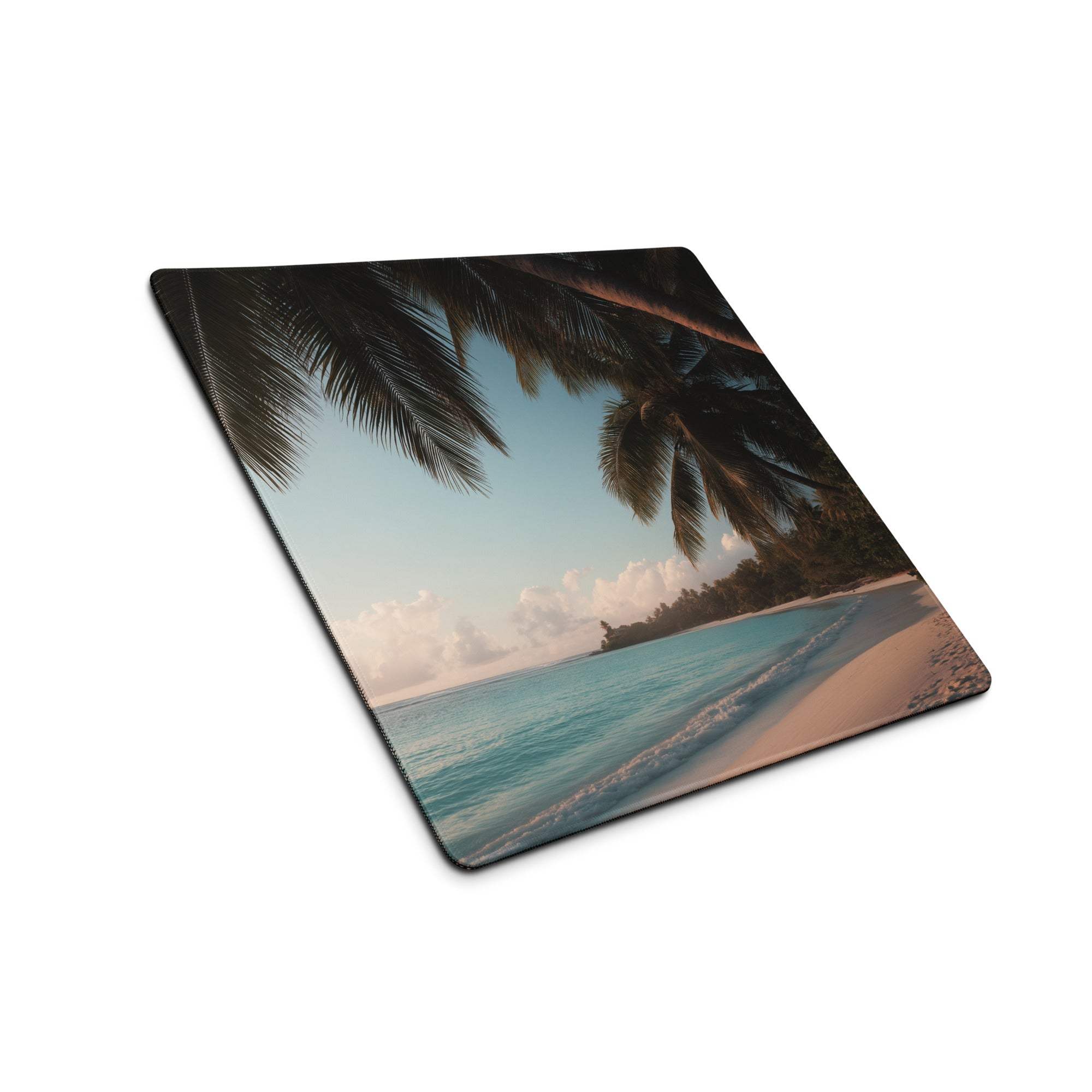 Beige turquoise beach mousepad with palm fronds, non-slip backing