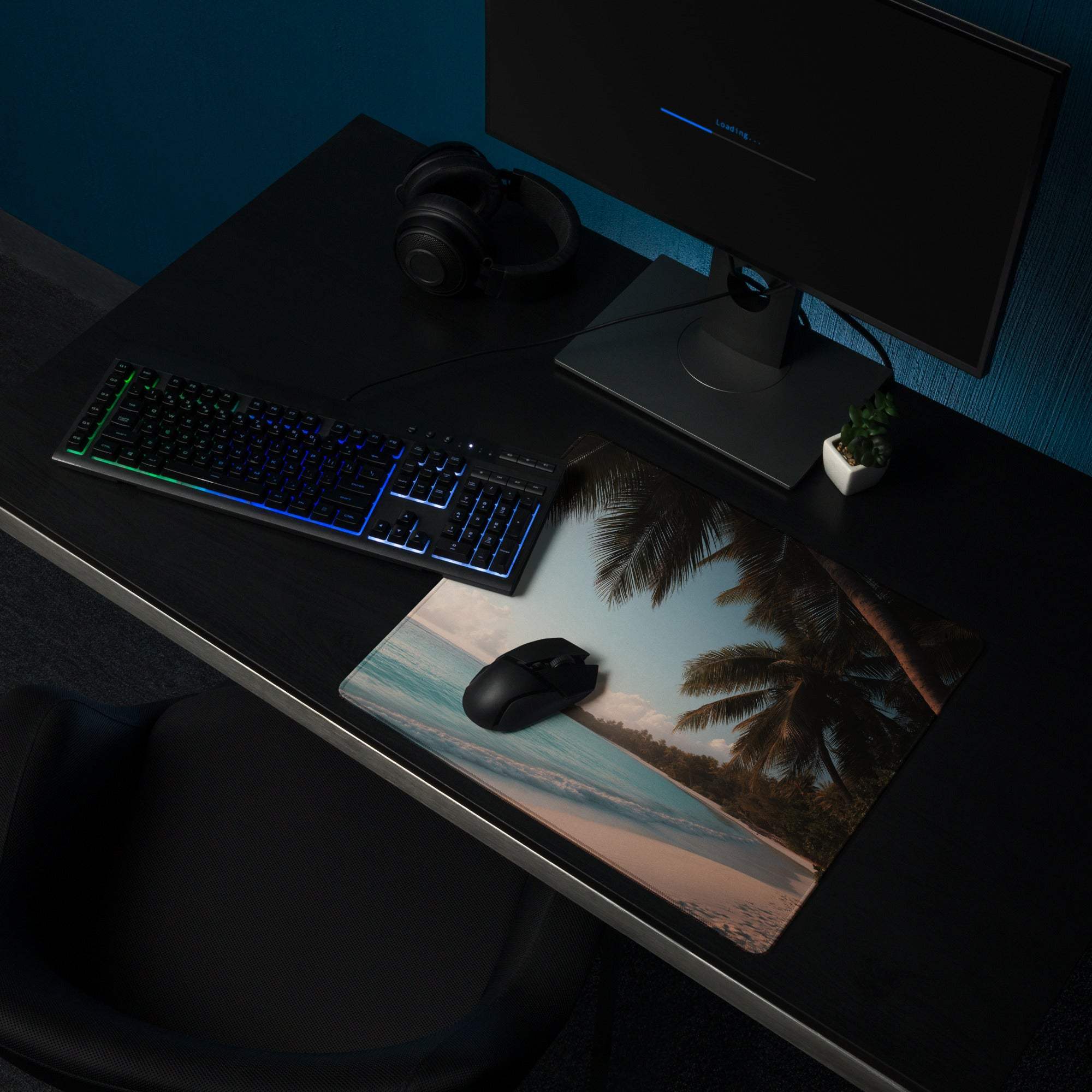 Beige blue tropical beach mousepad with palm trees waves non-slip backing