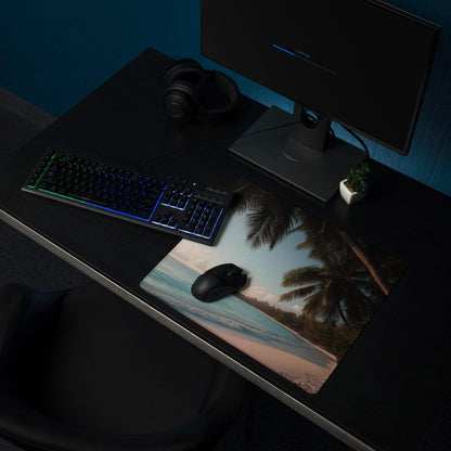 Beige blue tropical beach mousepad with palm trees waves non-slip backing