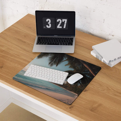 Beige teal beach mousepad with palm trees, non-slip backing, edge stitching