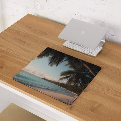 Beige blue tropical beach mousepad with palm trees, non-slip backing, edge stitching