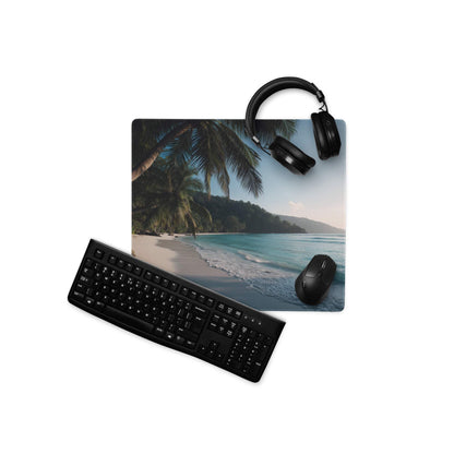 Vibrant tropical beach mouse pad with palm trees, turquoise water, non-slip base