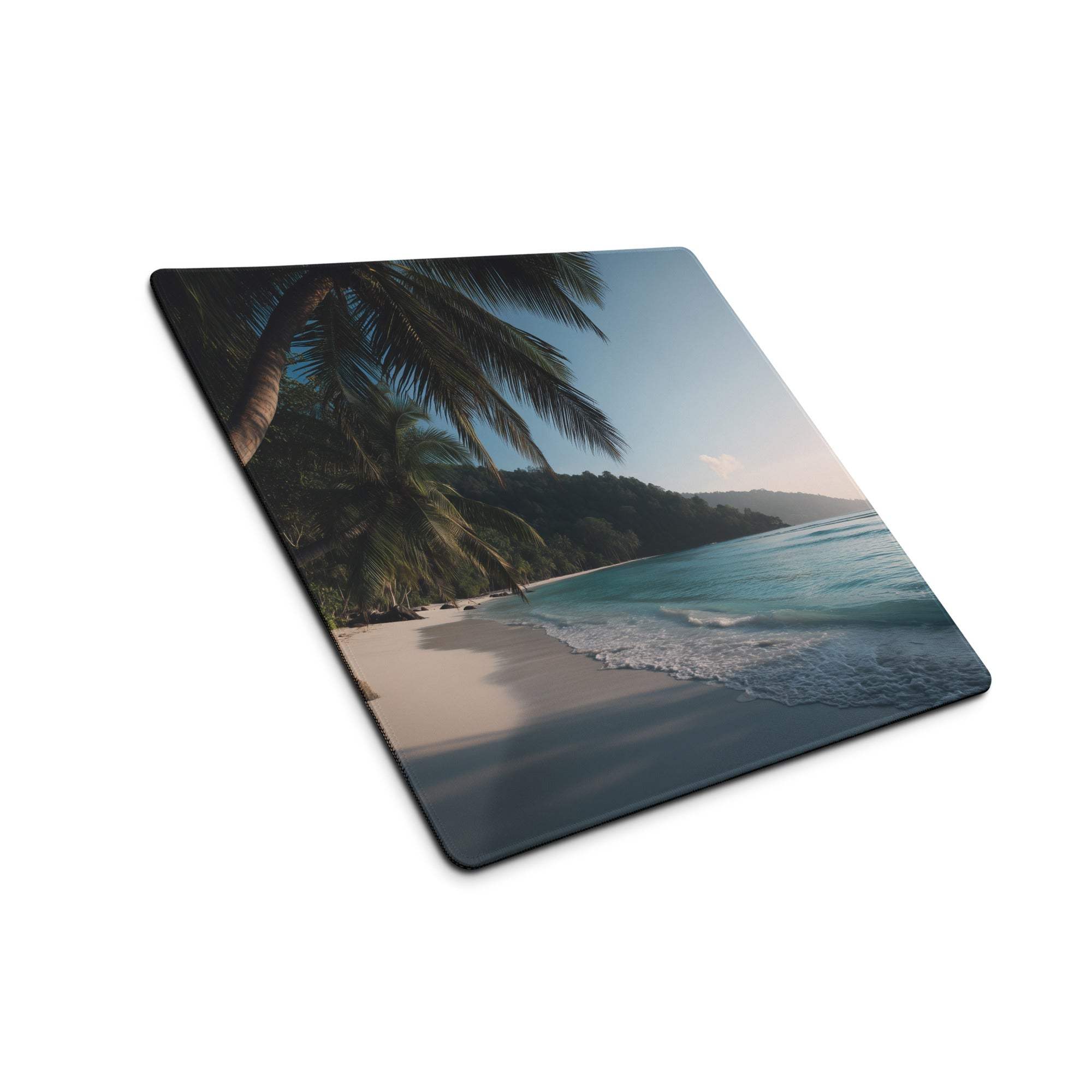 Vibrant tropical beach gaming mouse pad with palm trees, turquoise water, non-slip base