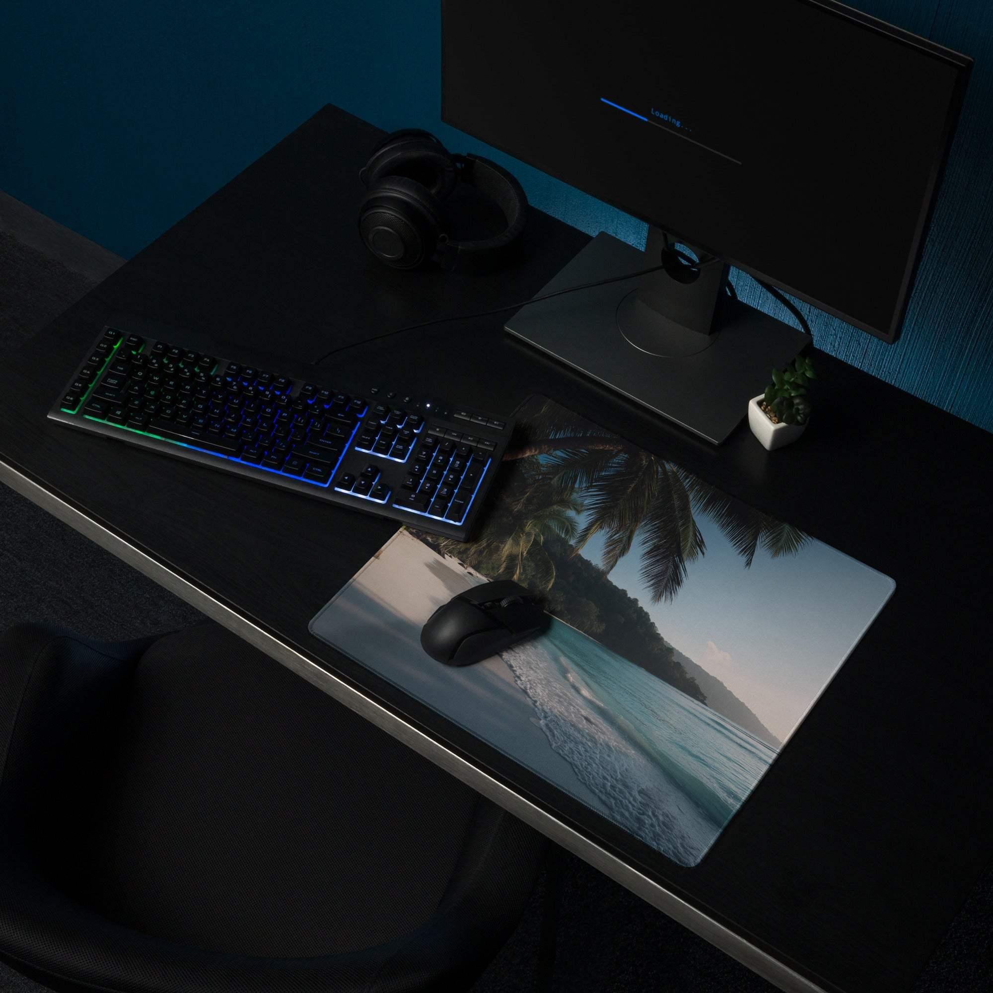Vibrant tropical beach gaming mouse pad with non-slip base, large smooth surface