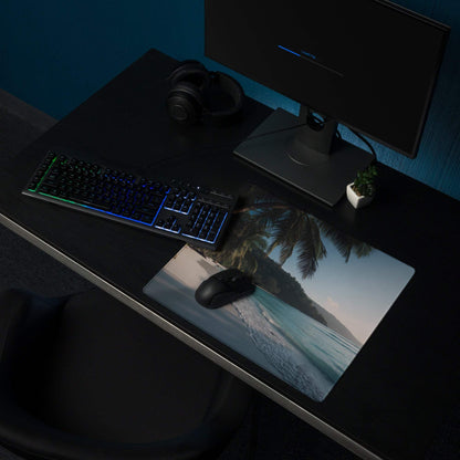 Vibrant tropical beach gaming mouse pad with non-slip base, large smooth surface