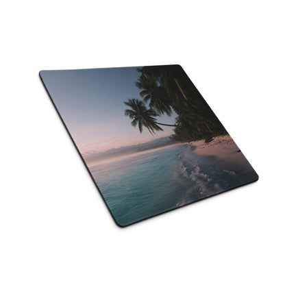 Large tropical beach gaming mousepad with silhouetted palms, twilight sky, turquoise waves