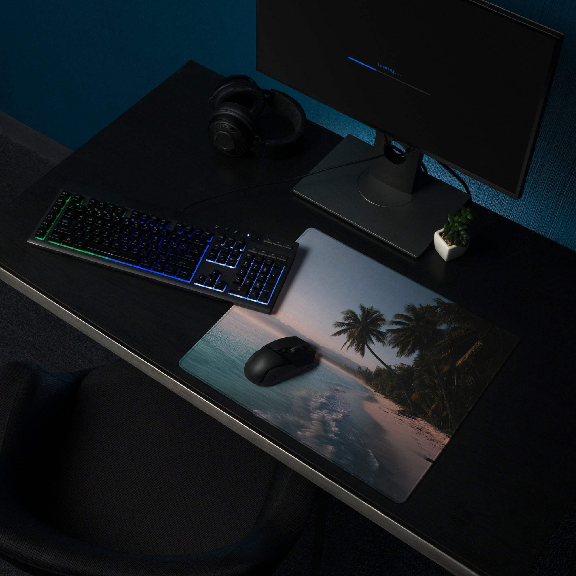 Large beige blue tropical beach gaming mouse pad with palm trees waves
