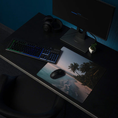 Large beige blue tropical beach gaming mouse pad with palm trees waves