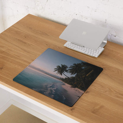 Large tropical beach gaming mouse pad with serene dusk scene, non-slip base