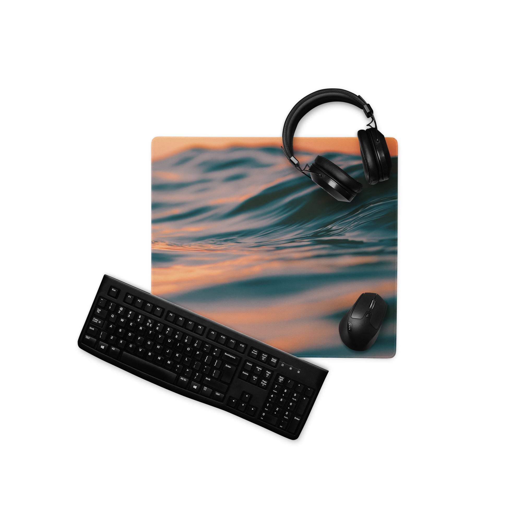 Premium ocean sunset large gaming mouse pad with teal orange waves and black headphones