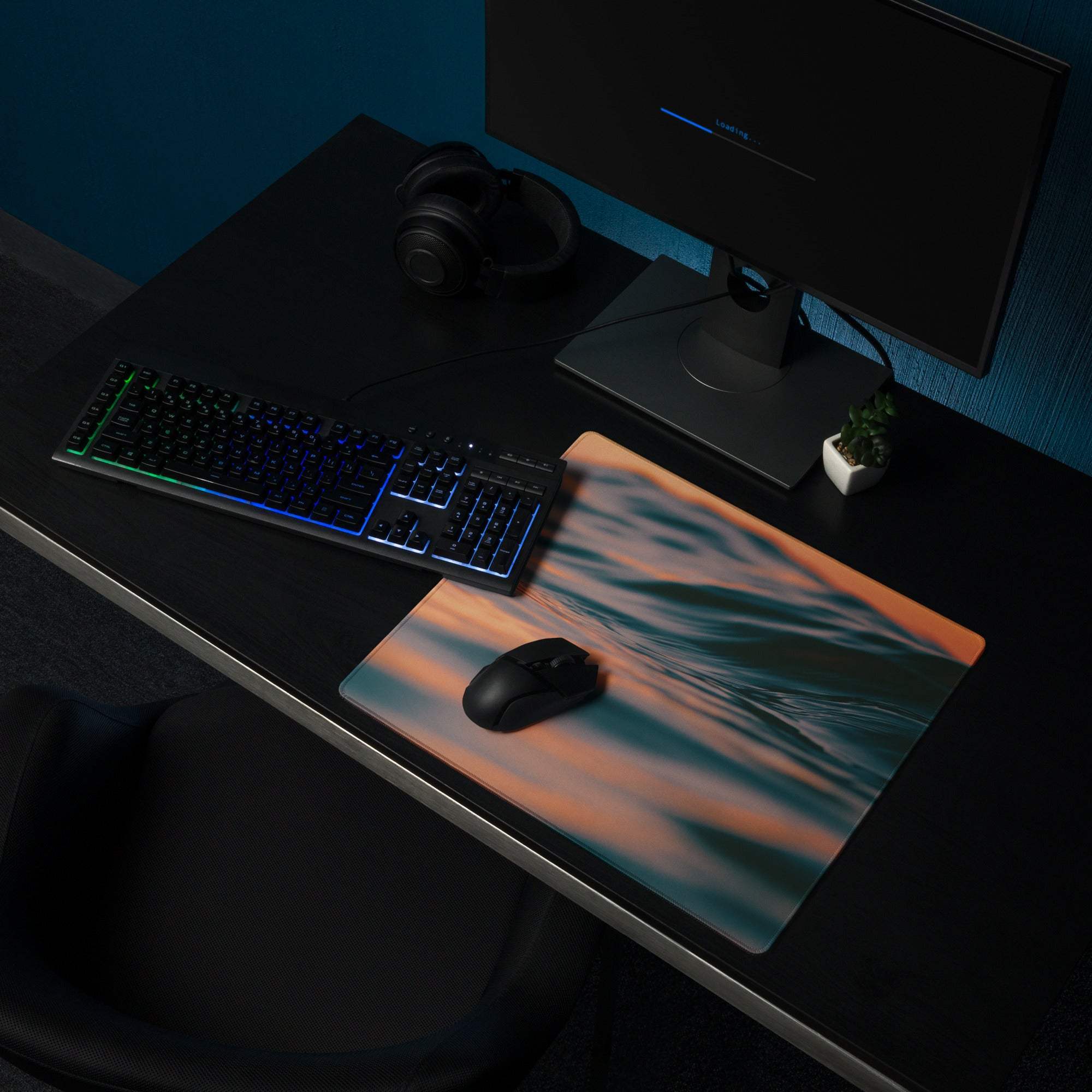 Premium Ocean Sunset large gaming mouse pad with teal orange pink waves