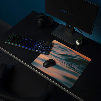 Premium Ocean Sunset large gaming mouse pad with teal orange pink waves