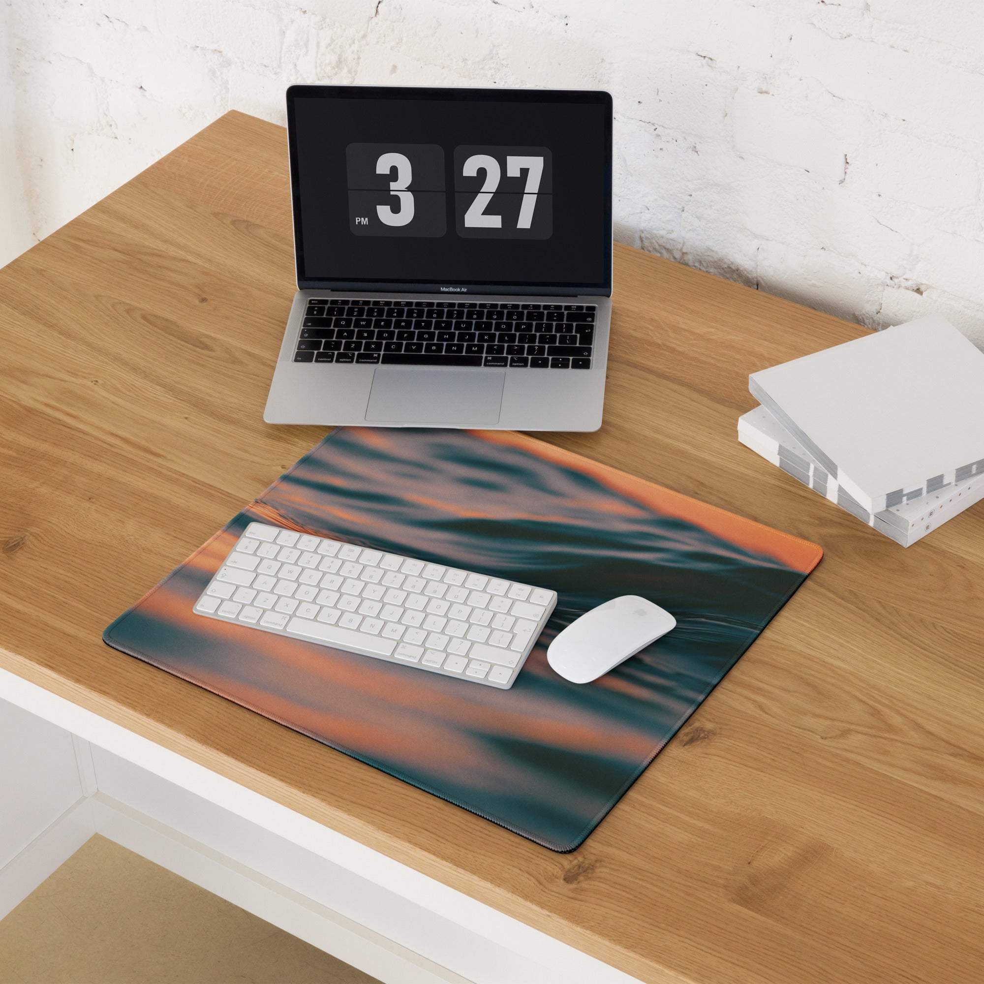 Premium Ocean Sunset large gaming mouse pad with orange teal waves, grip texture